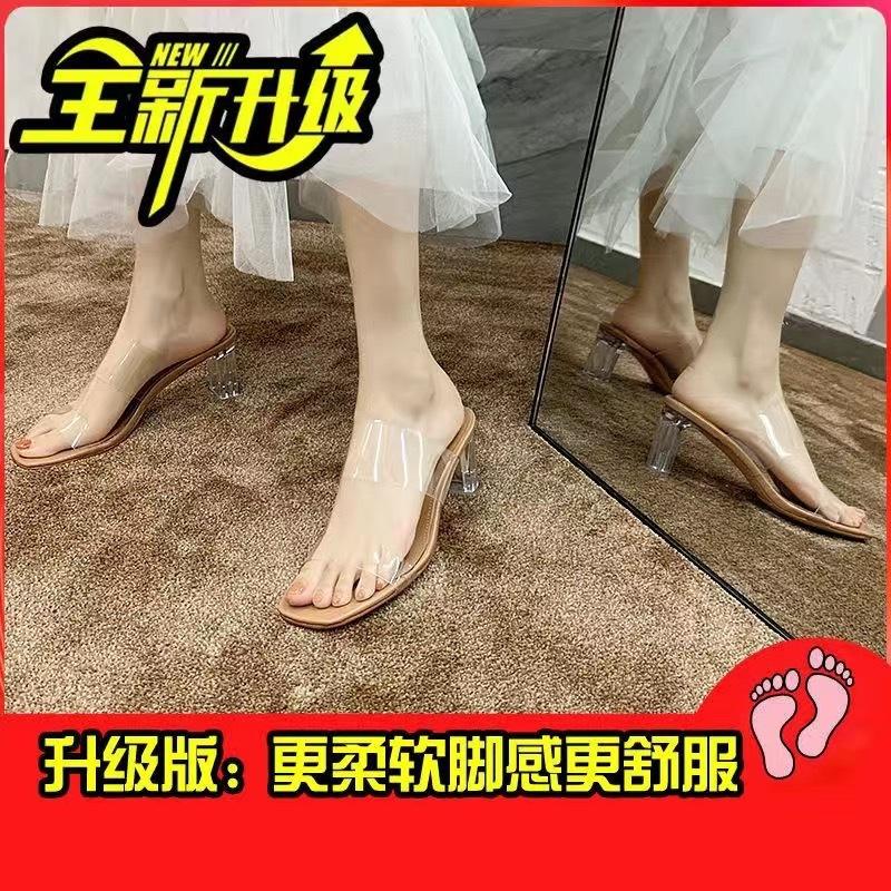 High heels sandals women's summer 2025 new fashion transparent middle heel crystal shoes fashion thick heel outer slippers