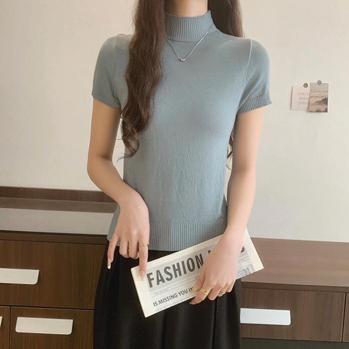 

Spring and summer new semi-turtleneck solid color slim-fitting short knitted short-sleeved T-shirt top average size синій
