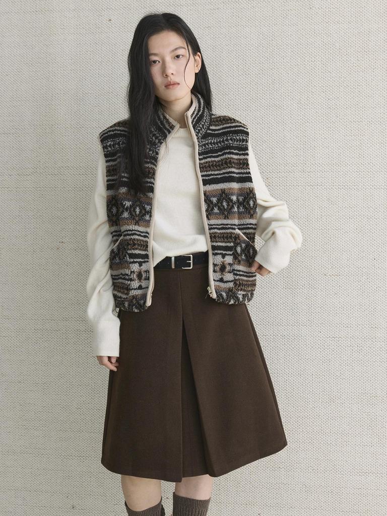 Xu Man Retro Korean Pleated Wool Midi Skirt for Women