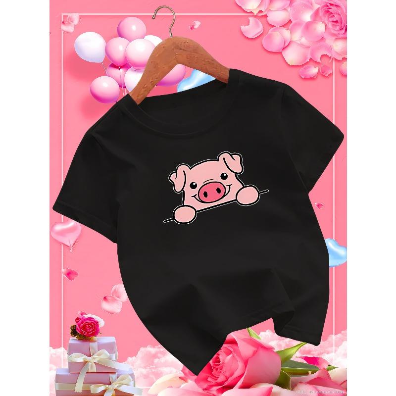European Sizes Adorable Pink Cartoon Pig Avatar for Girls, Perfect for Summer with Short Sleeves, Casual And Breathable.