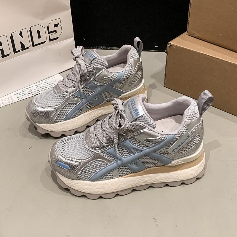 Fashion 7.5cm Air Mesh Micrifiber Leather Breathable Vulcanize Summer Chunky Sneakers Hollow Casual Platform Wedge Women Shoes