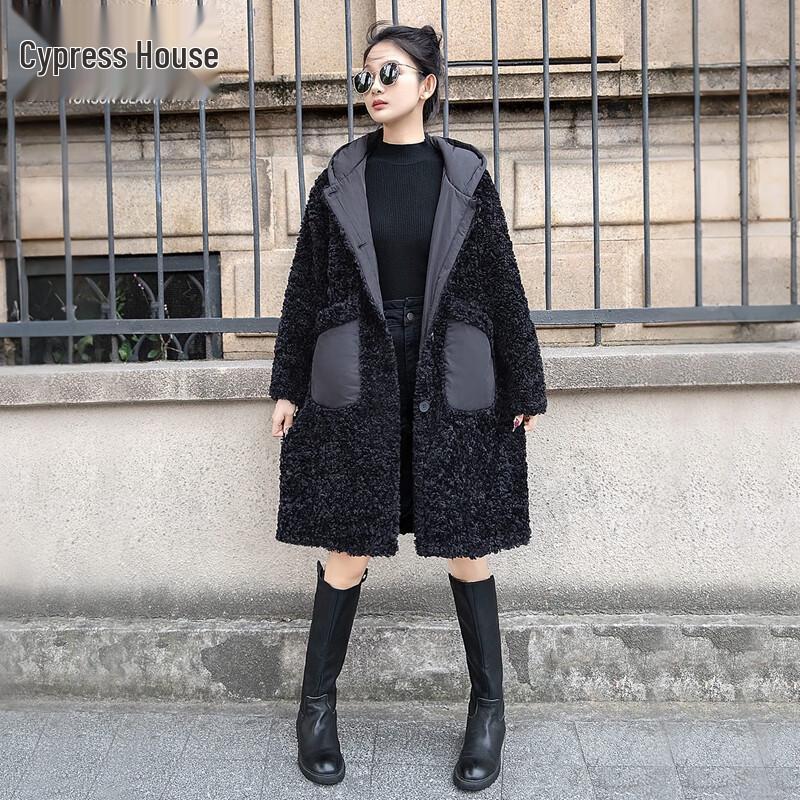 Sibaishe Women s 2025 Winter Hooded Mid-Length Fleece Jacket M
