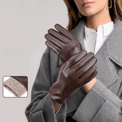 Winter Touchscreen Warm Plush Gloves, Outdoor Cold-Resistant Fashion Korean Style PU Leather Gloves for Women