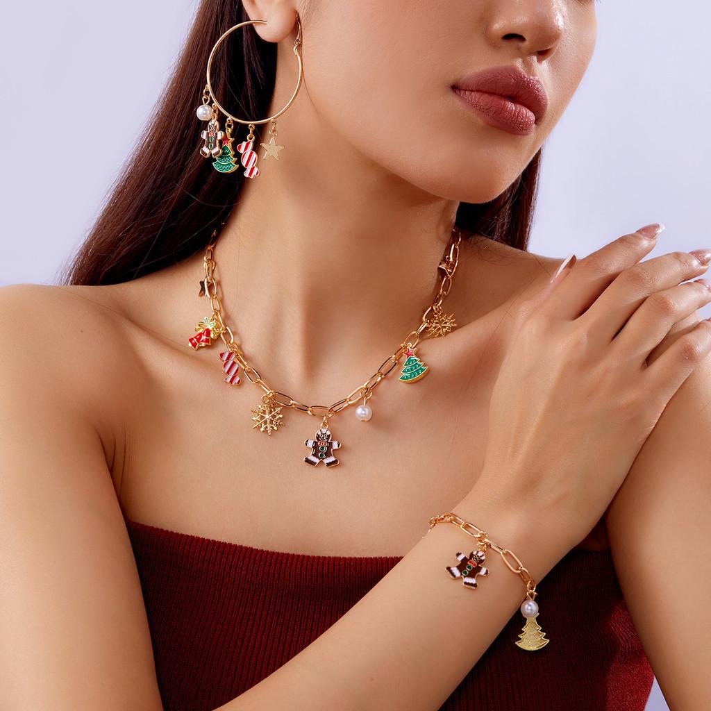 Christmas Gingerbread Man Jewelry Set With Alloy Pendant For Holiday Festive Wear