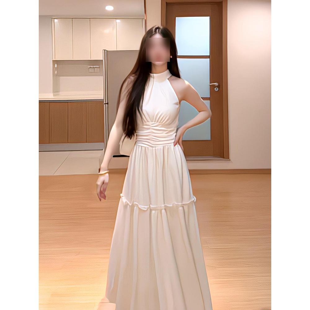 Wear a gentle style temperament Muse Fan advanced sense super good-looking white neck dress summer