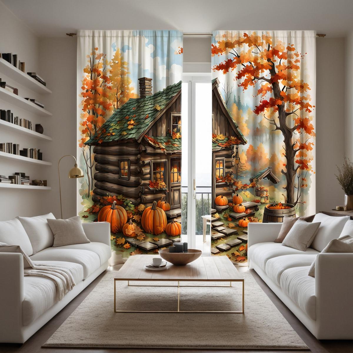 

2 шт. HD Harvest Festival Small House Maple Leaf Pumpkin декоративная занавеска Желтая завязка цифровая печать занавеска украшение для дома W52H63inchW132H160cm