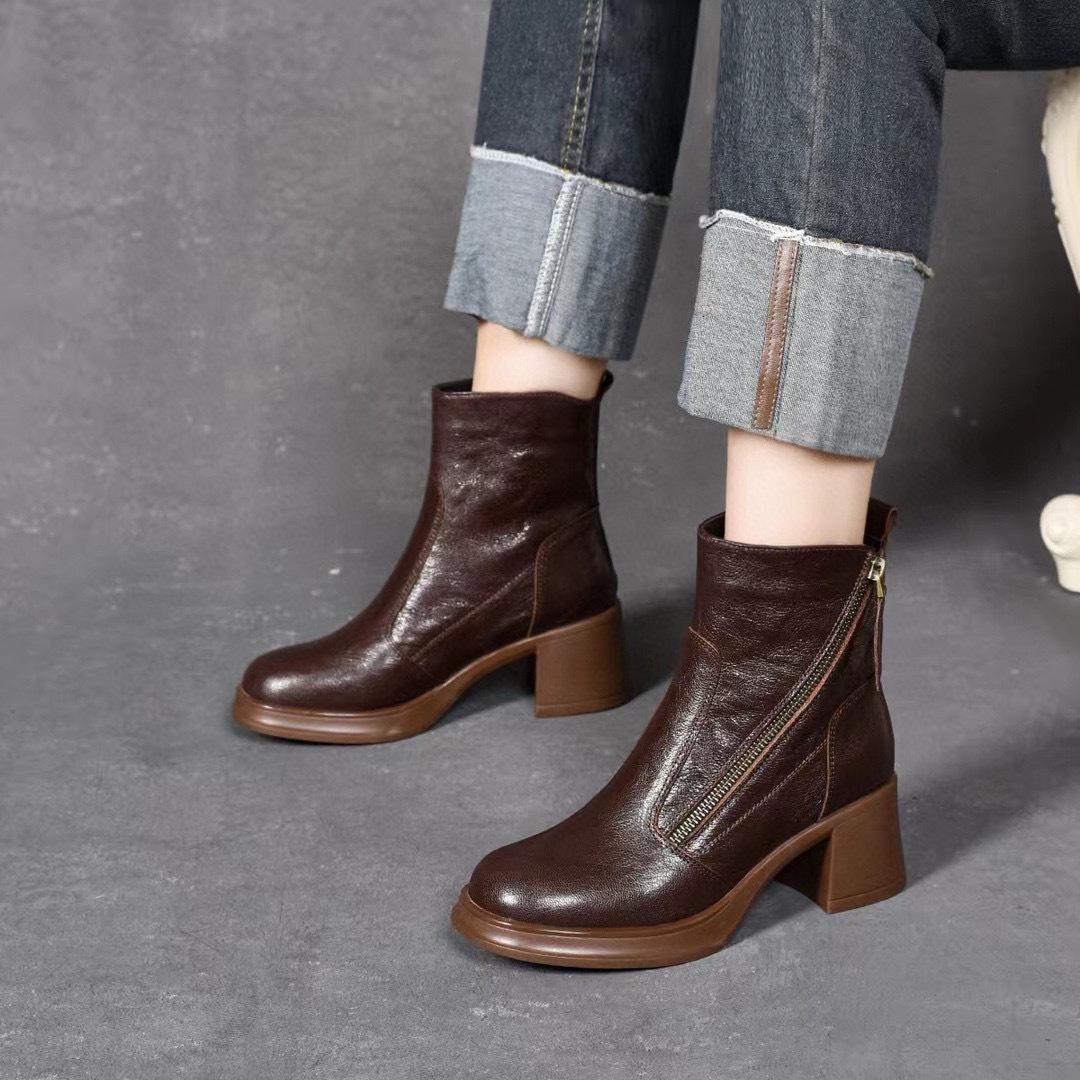 

Кожаные сапоги женские осенне-зимние новые с круглым носком на толстом каблуке с косой молнией сапоги-рыцари женские сапоги на высоком каблуке 40