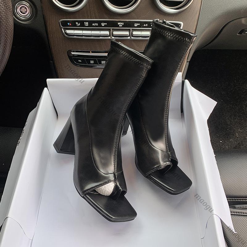 High Heels Ankle Boots for Women Spring Autumn Shoes Woman Square Toe Soft Leather Cool Boot Black Flip-flops Thick Heel Sandals