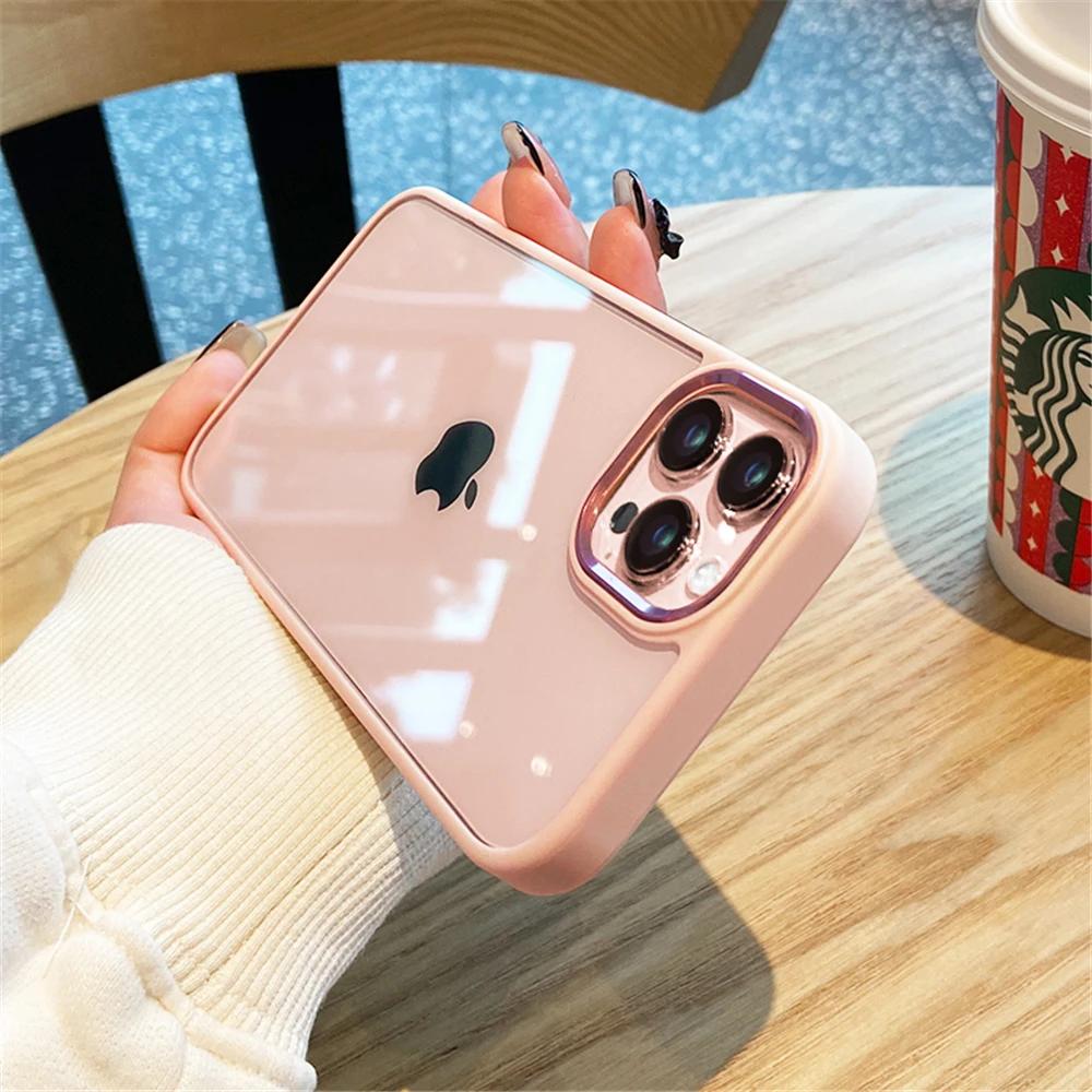 Luxury Clear Shockproof Case For iPhone 15 14 13 12 Mini 17 Pro XS Max XR X 7 8 Plus Soft Bumper Metal Camera Protection Cover