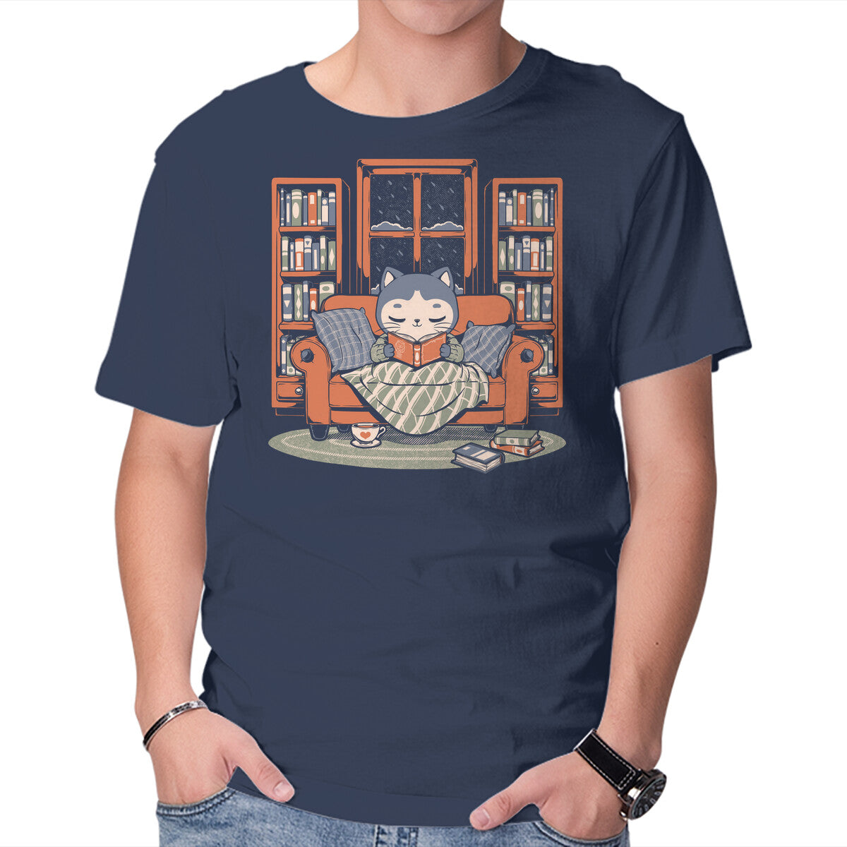 Unisex Crew Neck T-Shirt Cozy Book Winter Cat Graphic Short Sleeve Casual Tee M