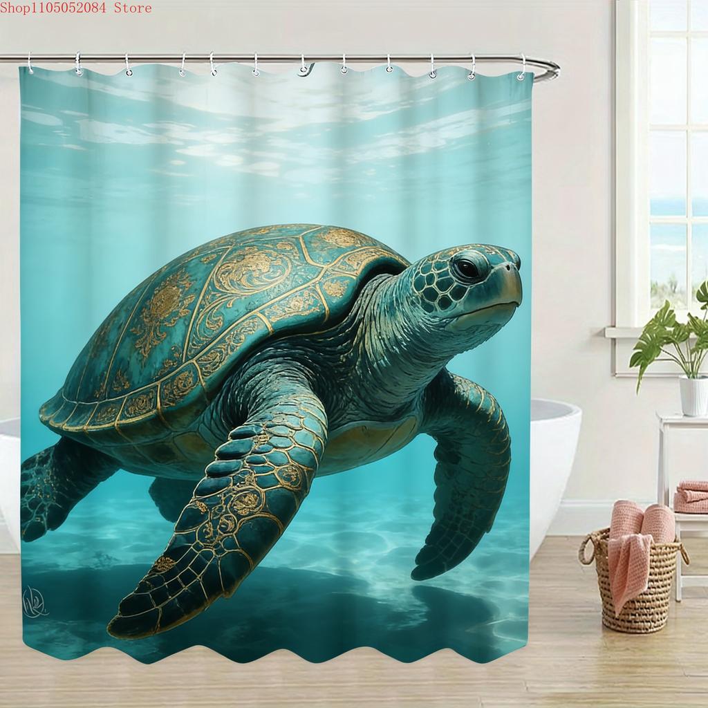 Ornate Gold Patterned Sea Turtle Underwater Waterproof Shower Curtain