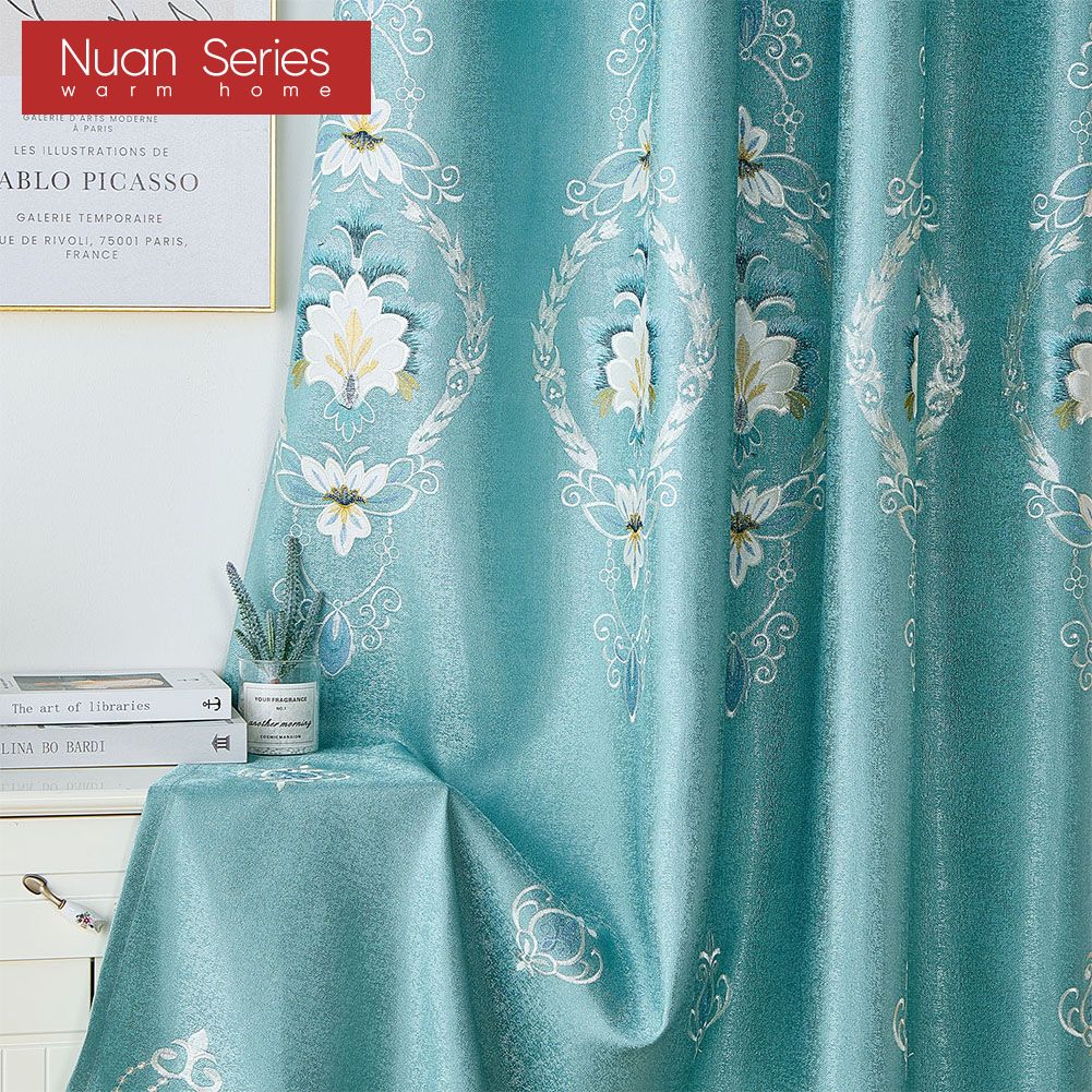 1PC Exotic Luxury Semi Blackout Blue Embroidered Blackout Curtains for Living Room Bedroom Home Decor Nuan Series
