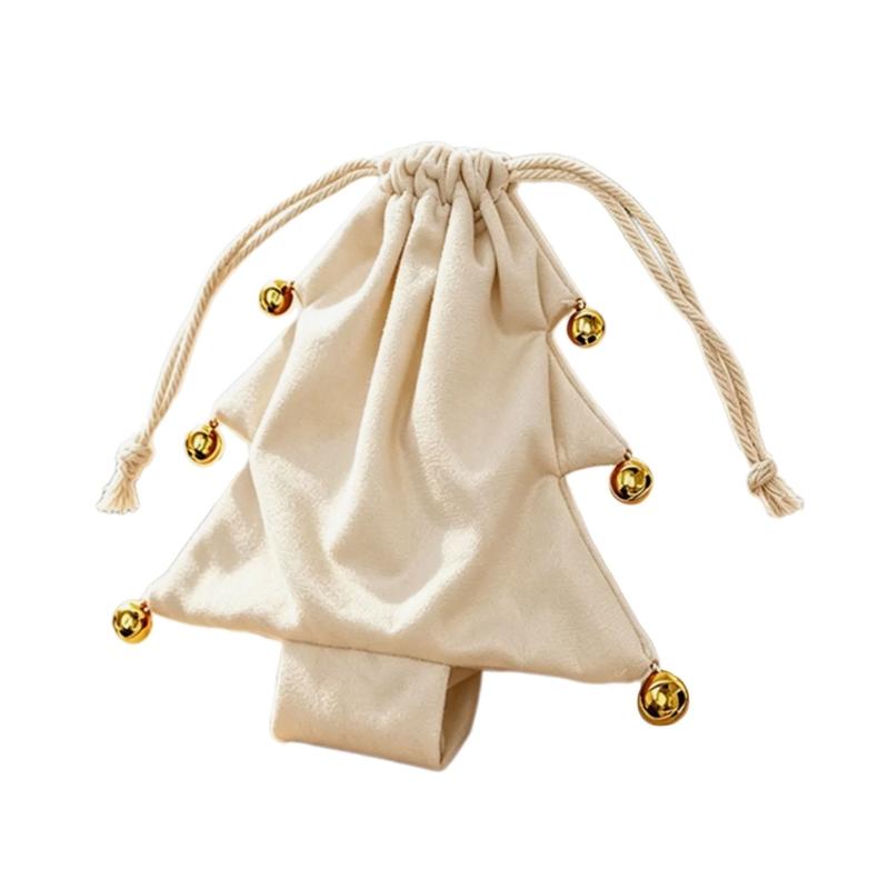Soft Fabric Christmas Treat Bag Tree Ornament with Pull Cord Opening for Small Gifts and Holiday Table Display