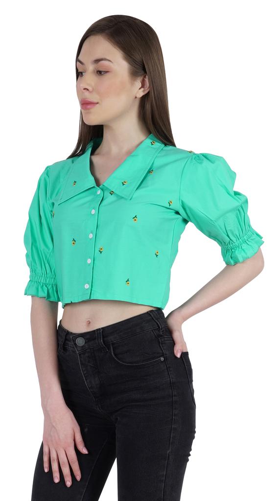 Moomaya Puff Sleeve Crop Top For Women Solid Button Down Collar Designer