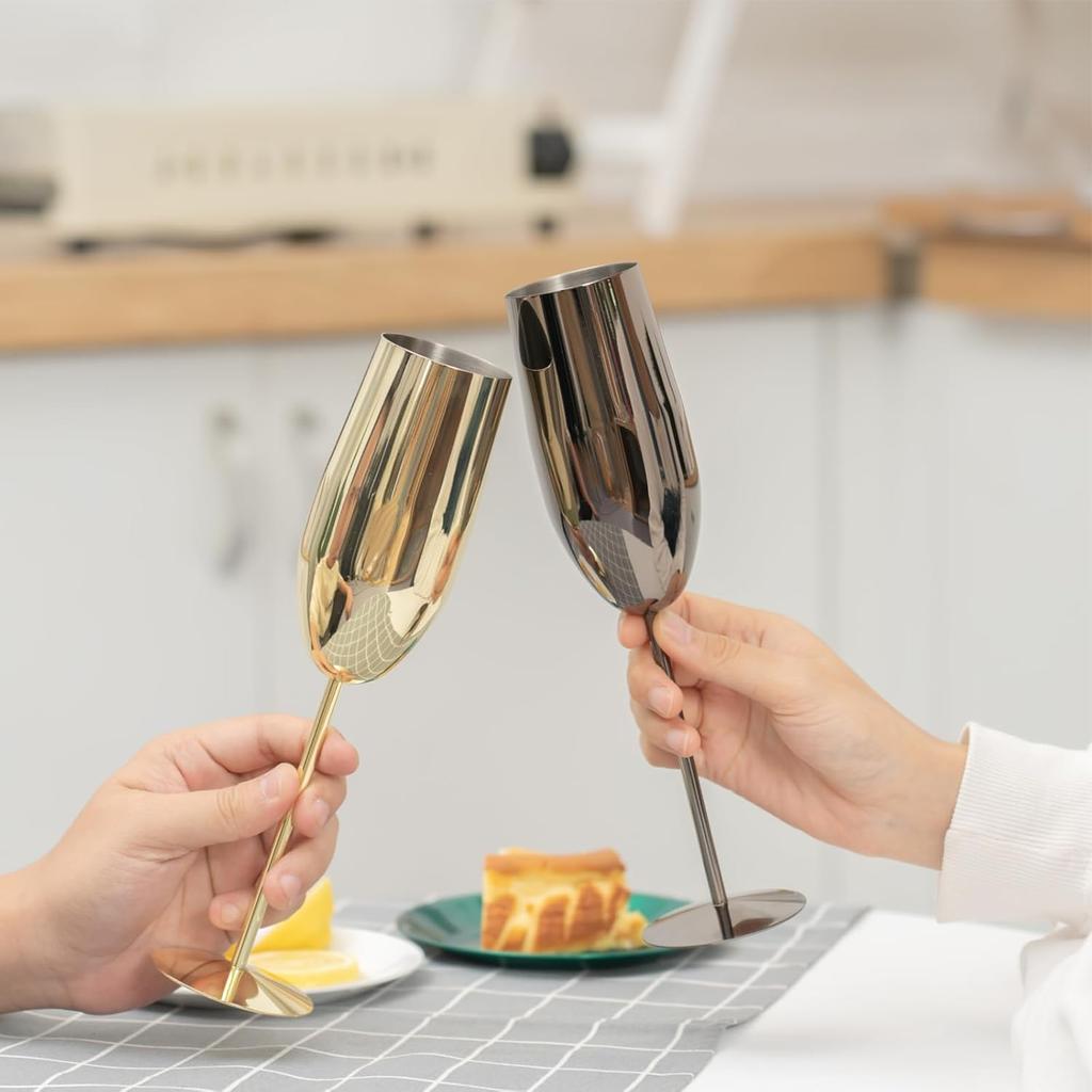Stainless Steel Champagne Flutes Set of 2, Gold Unbreakable 8.5 oz for Wedding, Party, Christmas, Anniversary, Birthday Gifts