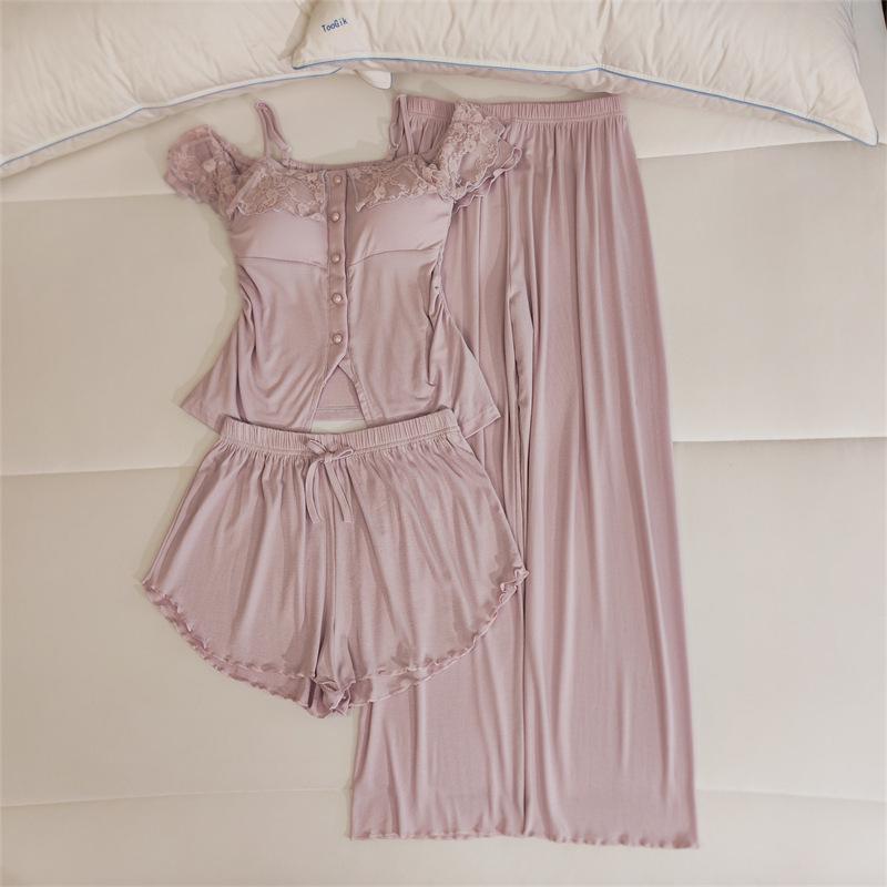 Women's Lace Camisole Sleepwear Set with Chest Pads - Sweet & Sexy Spring/Summer Homewear.