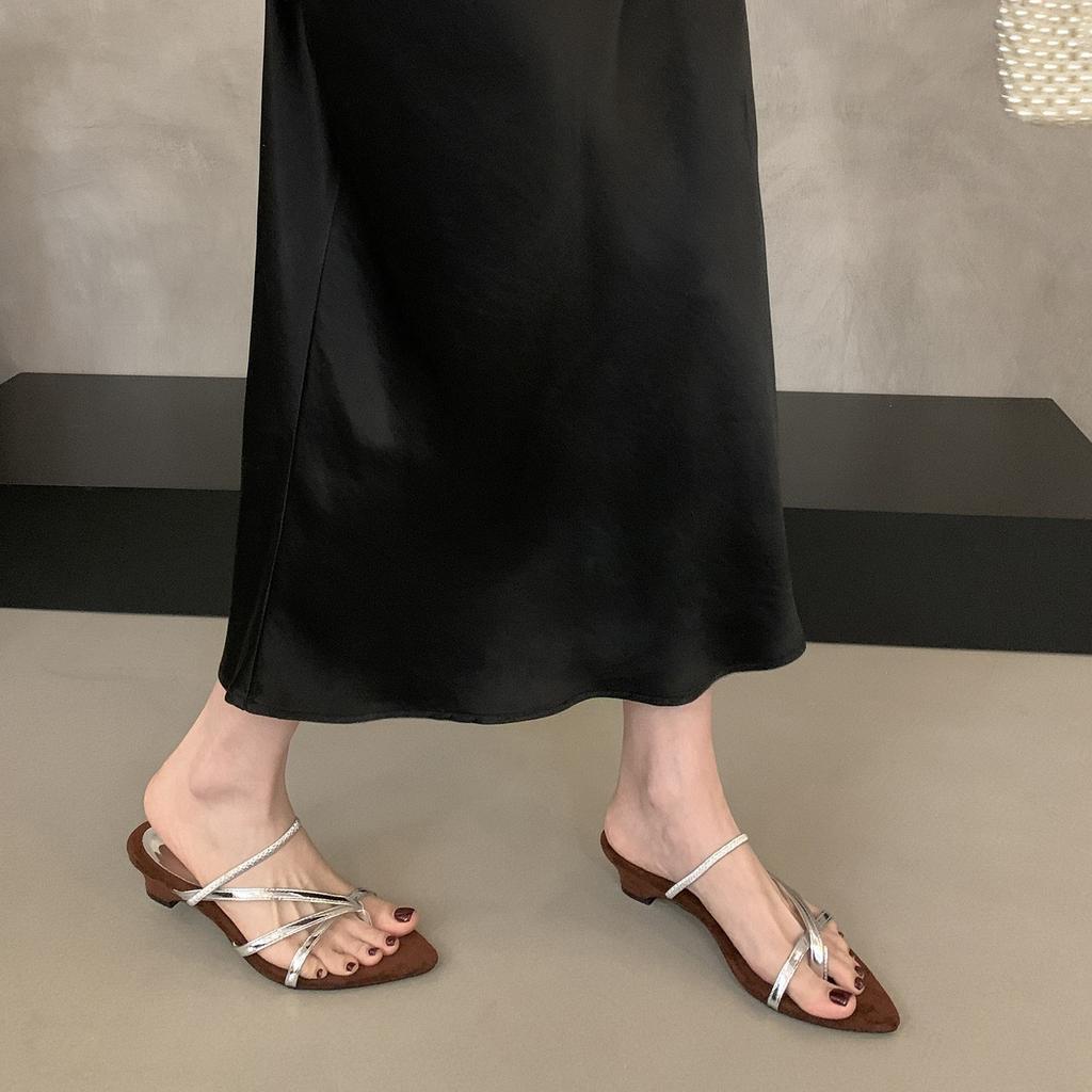French pointed thick heel strap sandals fairy shoes 2025 new summer with skirt toe silver Roman shoes