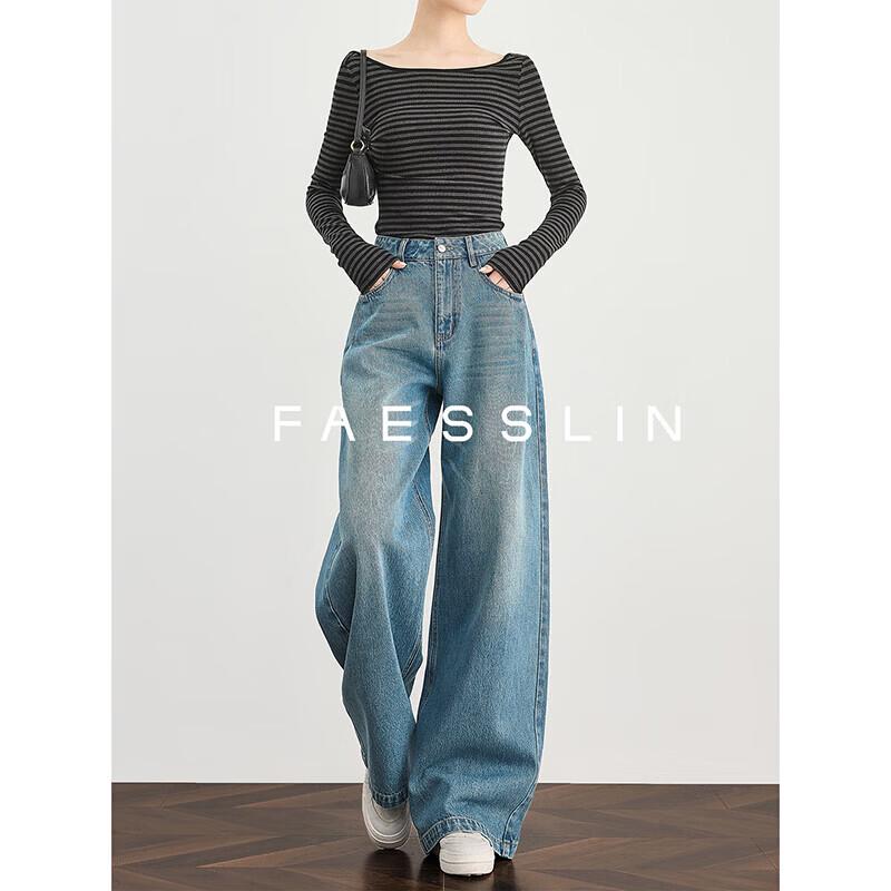 FAESSLIN Ретро Синие Высокие Прямые Джинсы XL