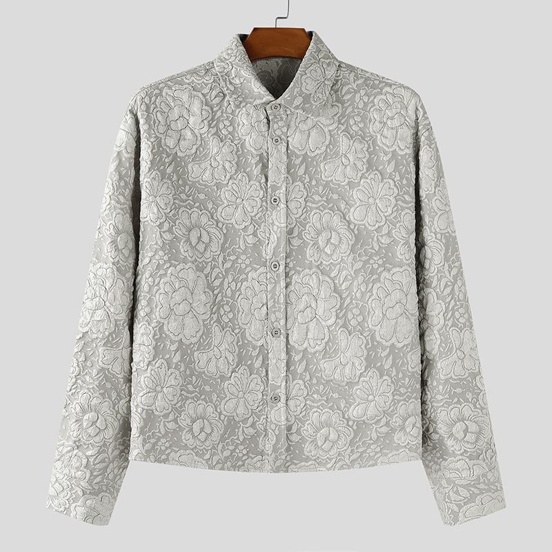 

INCERUN Oversized Men Lapel Neck Long Sleeve Texture Floral Casual Loose Shirts 5XL серый