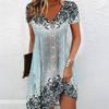 Sommer Mode Damen V-Ausschnitt Kurzarm Textur Muster Bedrucktes Kleid Sex Kurzer Rock Kleider
