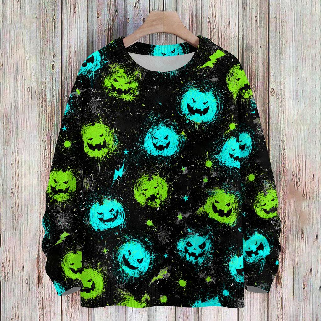 Women's Long Sleeve Halloween Print Sweater, Casual Round Neck Knit Top