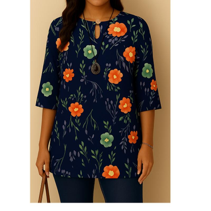 Casual Blouse, Vintage Style, For Women, Floral Print, O Neck, Three Tribal Sleeves, Elegant Loose Top