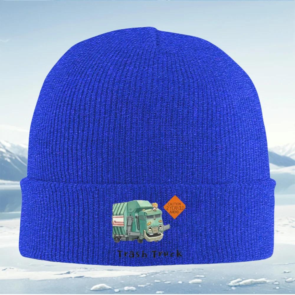 Smiling Trash Truck Orange Sign Cartoon Ahead Knitted Hat Unisex Women Unisex Beanie Pullover Cap Winter Thermal Warm Christmas Out