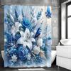 Niebieska Zasłona Prysznicowa w Kwiaty i Ptaki, Dekoracyjna Zasłona Prysznicowa do Łazienki, Wodoodporna Zasłona Prysznicowa z Haczykami