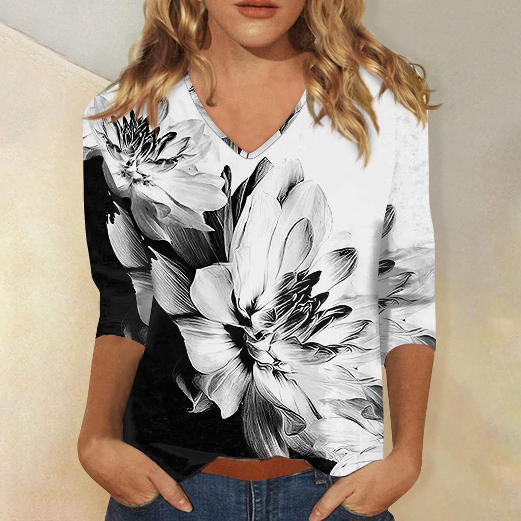 Damen T-Shirt mit V-Ausschnitt und Dreiviertelärmeln, lässig, Retro-Print