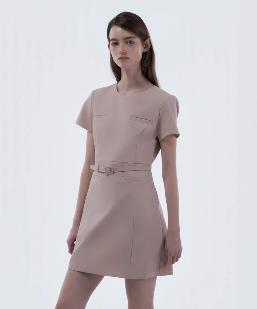 Mausolleum Belted Round Neck Suit Dress - Pink