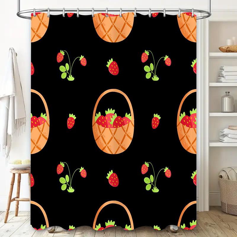Bright Strawberry Basket Shower Curtain Modern Bathroom Decor with Black Background, Orange Stripes Green Leaves Pattern for Bat