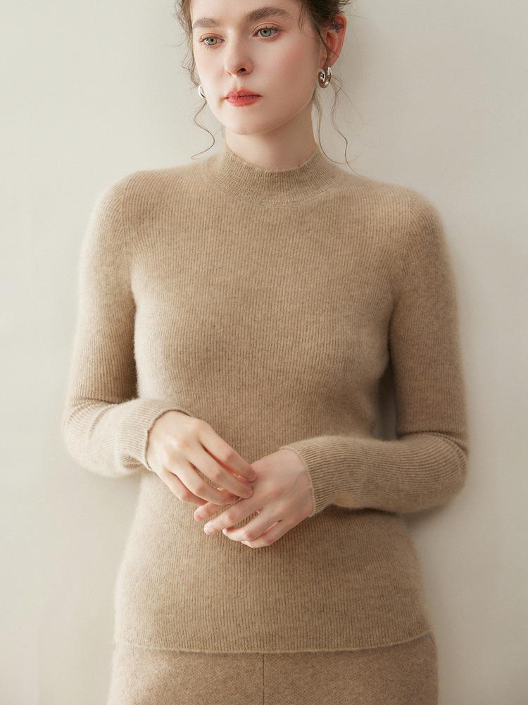 Classic Women's Cashmere Knit Pullover: Striped Half-High Collar, Solid Color, Autumn/Winter Commute Sweater