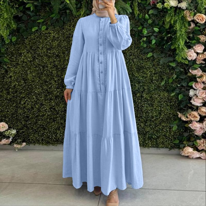 

ZANZEA Мусульманское женское повседневное платье-макси с круглым вырезом и длинным рукавом S синий