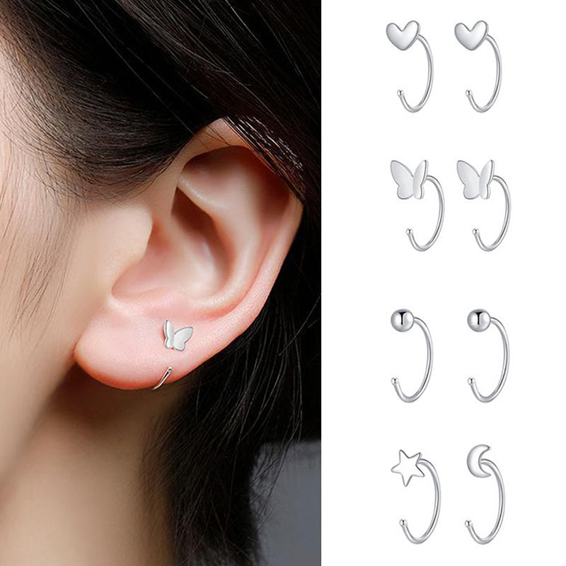 1Pair Butterfly Heart Star Round Shape Ear Clip Silver Color Hoop Earrings For Women Girls Opening Hoops Earring Jewelry