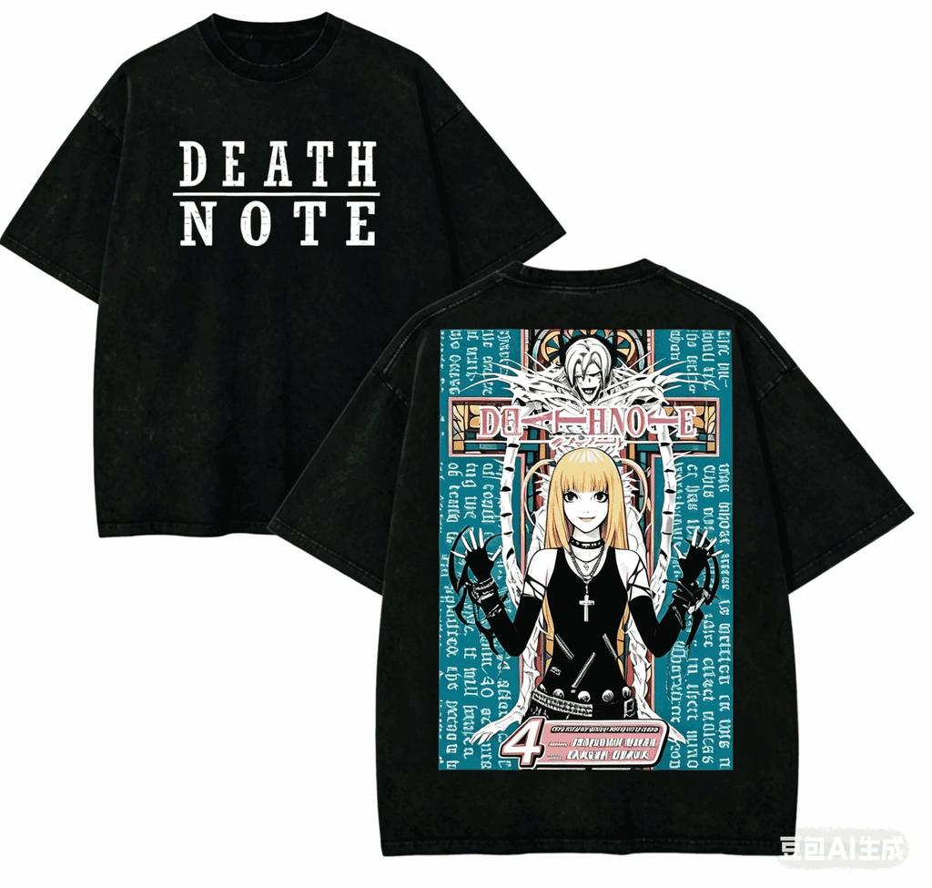 Stylish Washed Black Oversized T-Shirt with Death Note Character Group and Logo Print Women And Men T-shirts