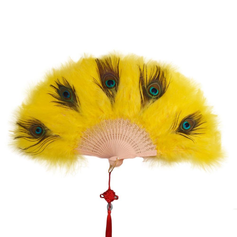 Handheld Peacock Feather Fan With Tassel Feather Dance Fan Folding Hand Fan  Home Decoration