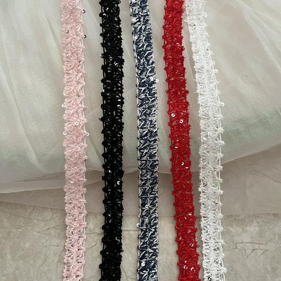 1.5cm Wide Black, White & Pink Hollow Lace Trim with Light Luxury Sequins - DIY Ribbon for Fragrance Style Crafts