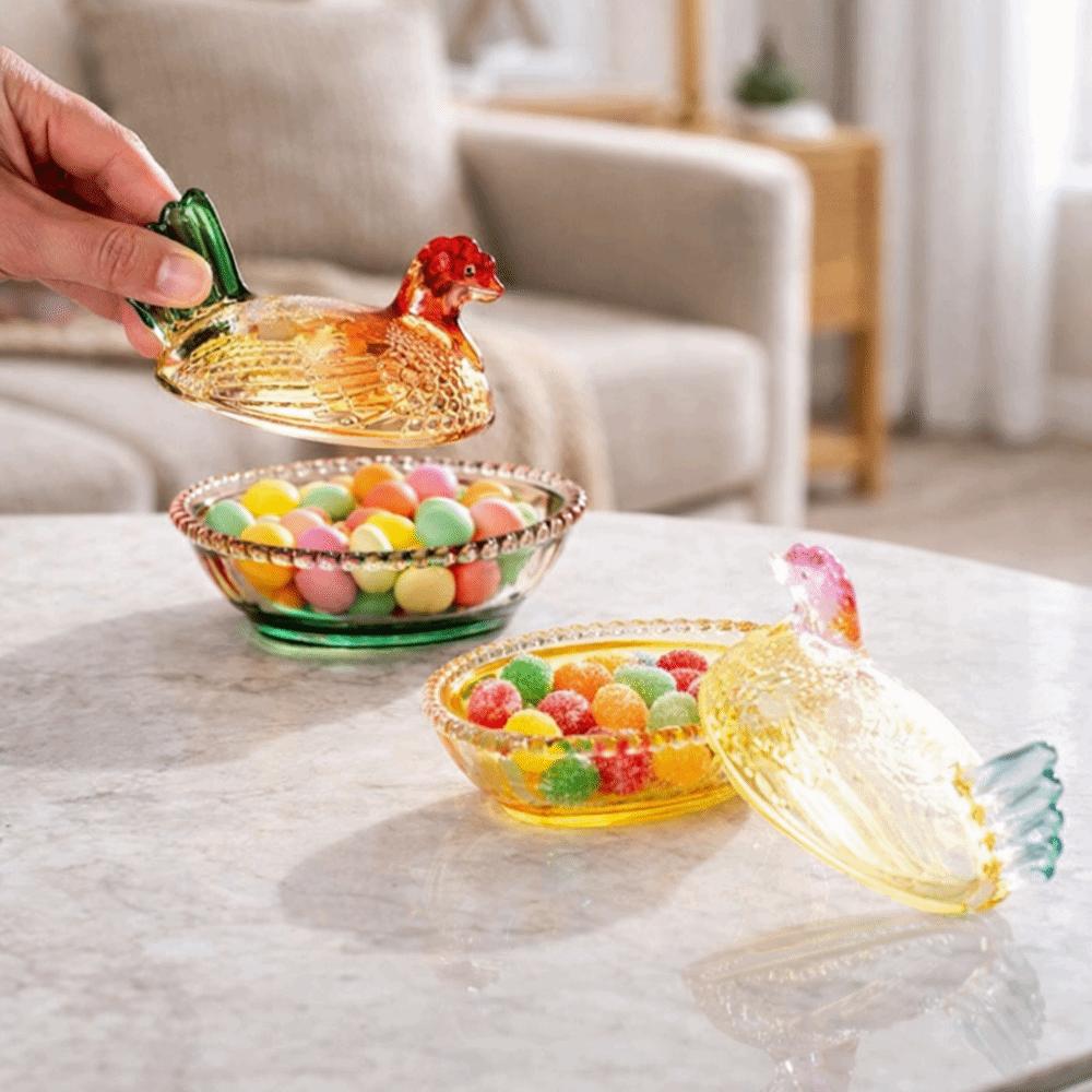 Cute Glass Chicken Shaped Storage Jar Smooth Color Decorative Hen on Nest Candy Dish with Lid Thickening Hen Candy Dish Home