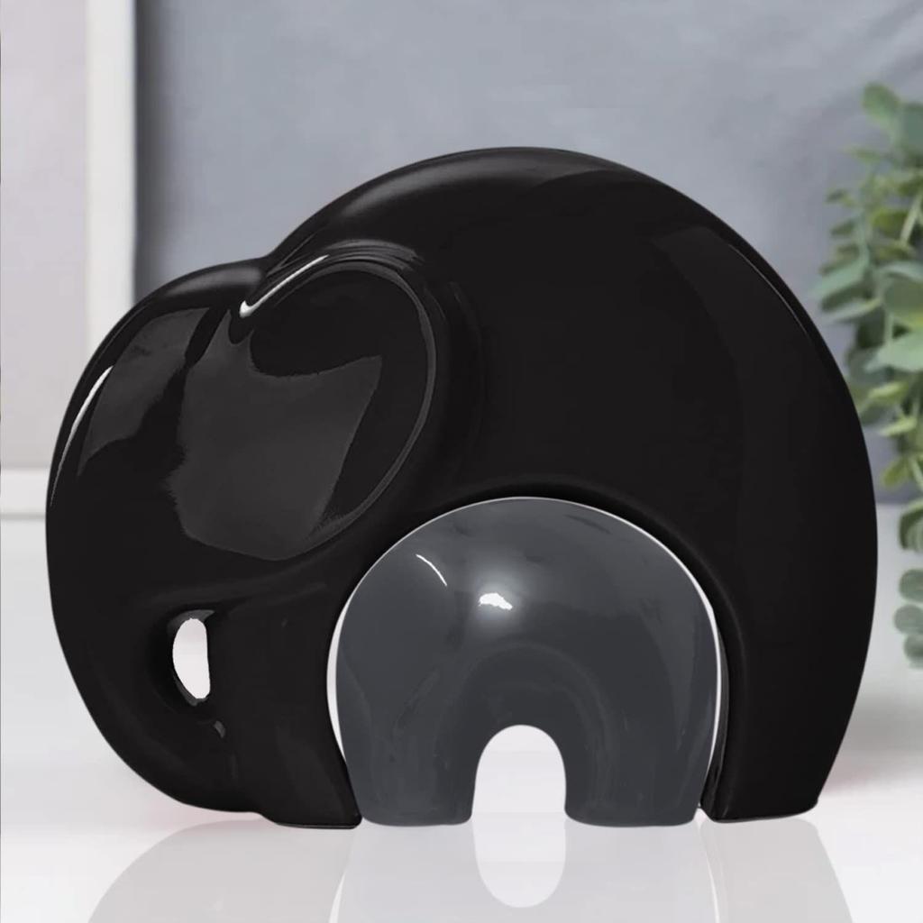 Home Décor Lucky Charm Elephant Mother & Child | Piano Finish Ceramic Figures - (Set of 2 Piece, Black and Grey)