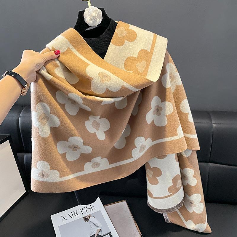 Autumn and winter versatile double-sided two-color flower design shawl women's dual-purpose extended warm imitation cashmere scarf