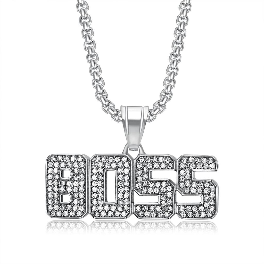 New Hip-Hop Jewelry Titanium Steel Gold-Plated Diamond-Encrusted BOSS Letter Pendant Necklace