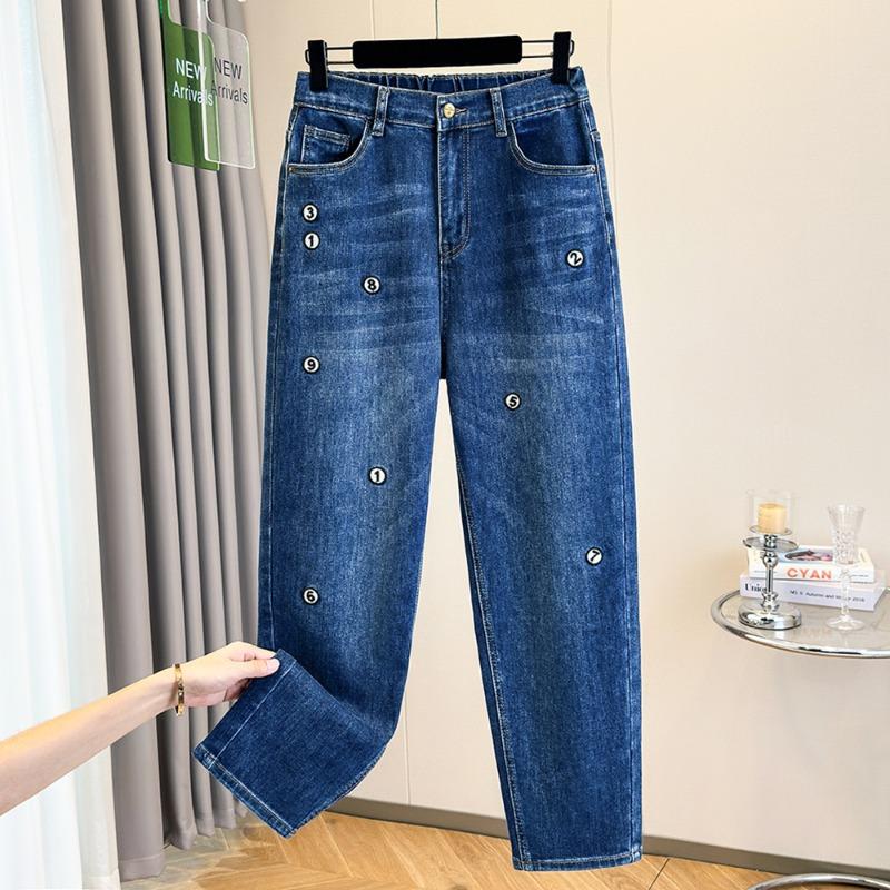 DIMANAF 2026 Autumn Winter New Plus Size Women Loose Fit Denim Pants Embroidery Decorated Blue