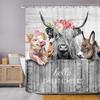 Highland Cow Shower Curtain Rustic Farm Animal Cattle Donkey Pig Chicken Flower Plant Leaves Sunflower Bathroom Decor with Hooks