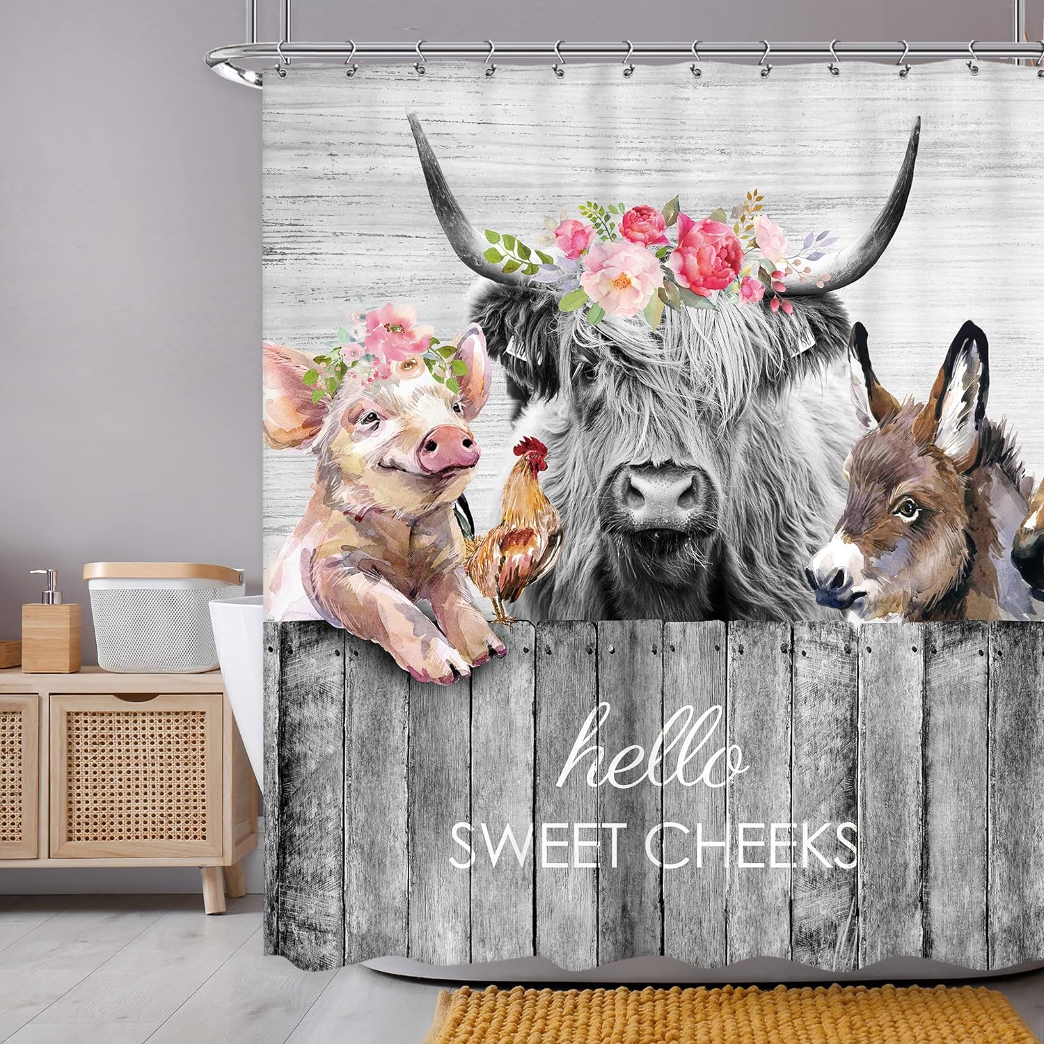 

Highland Cow Shower Curtain Rustic Farm Animal Cattle Donkey Pig Chicken Flower Plant Leaves Sunflower Bathroom Decor with Hooks 35x70inch-90x180cm