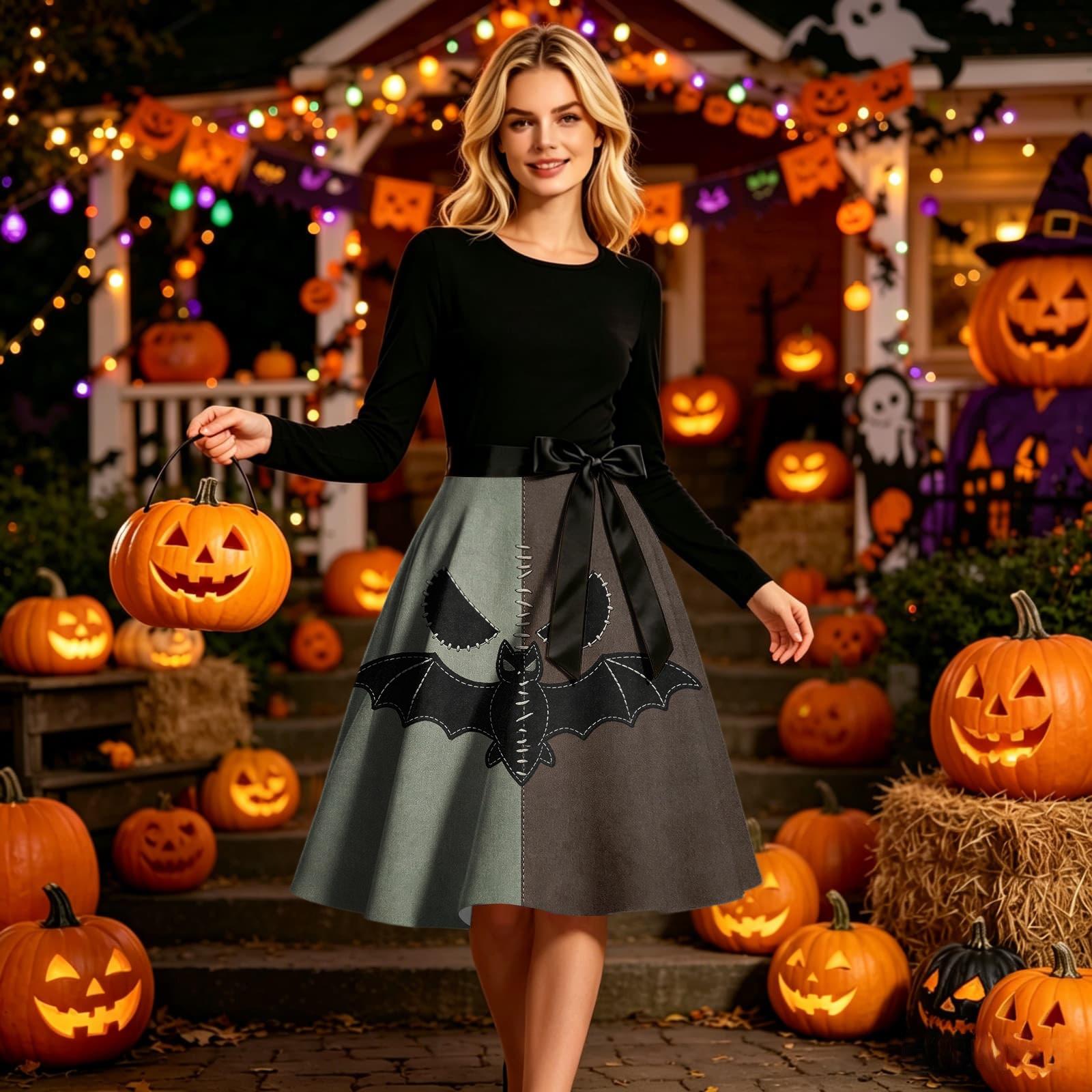 Women s Round Neck Halloween Print Dress Long Sleeve Casual Midi Dress with Waist Tie Flared Skirt Vintage Style S кофейный