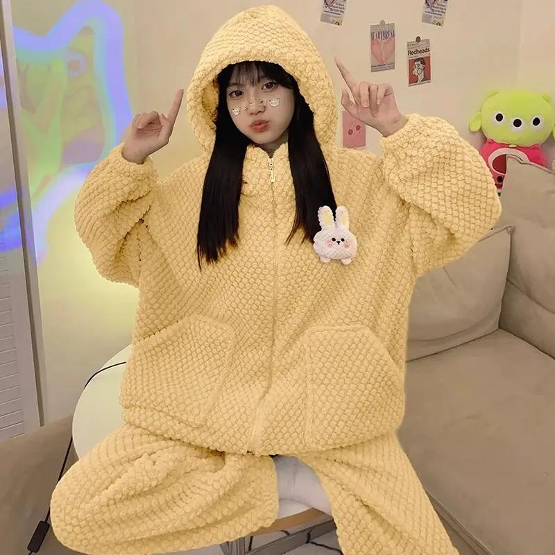 Coral Velvet Pajamas Winter Women Flannel Thickened Fleece Lined Cute Nightclothes Female Hooded Solid Color Zipper Homewear
