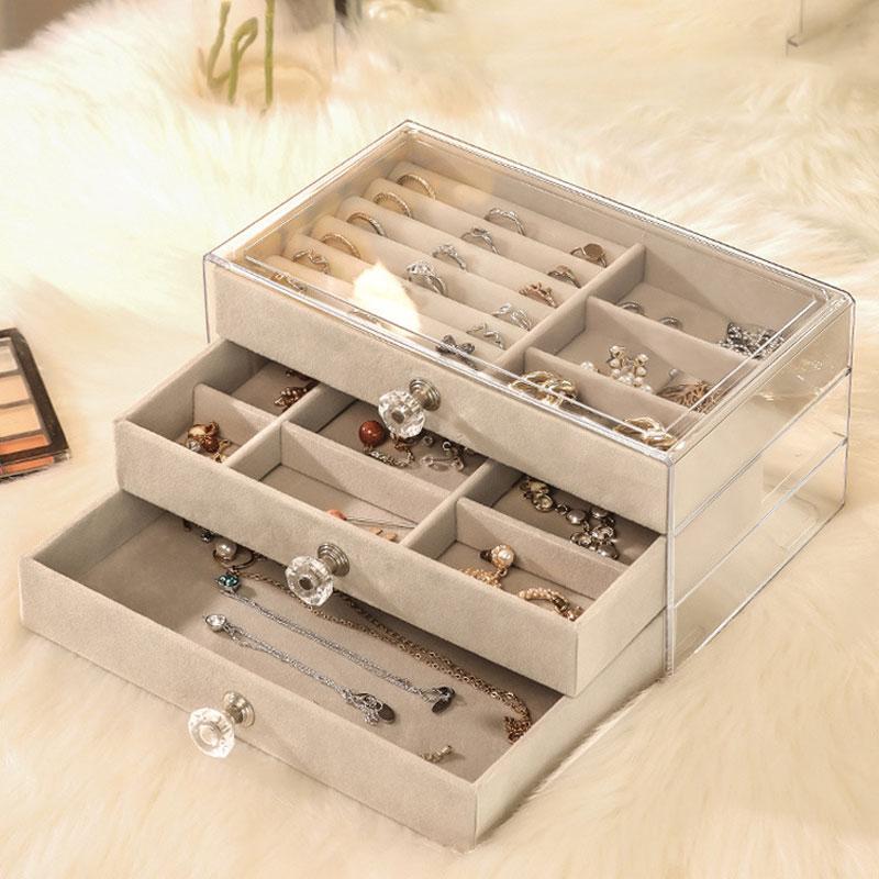 Three Layer Velvet Jewelry Storage Box Dust Proof Drawer Style Jewelry Organizer for Stud Earring Necklaces Accessories Dressing