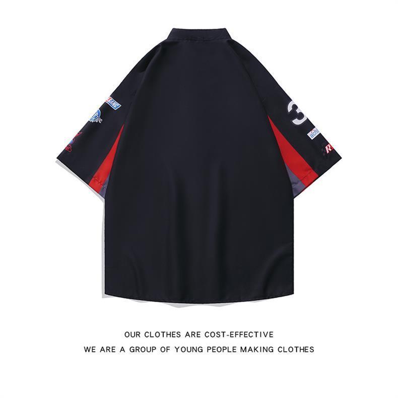 Men's American Retro Hiphop Street Racing Short-Sleeve Summer Shirt - Trendy, Motorcycle-Inspired, Loose, Thin Design