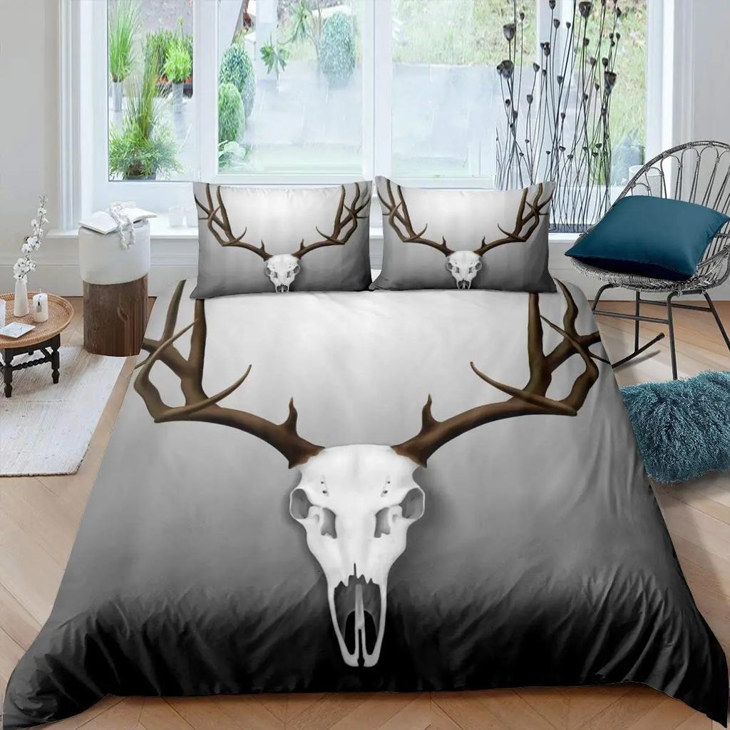 Antler King Queen Duvet Cover Whitetail Deer Bedding Set Wild Fawn Quilt Cover Countryside Rural Animal Brown Comforter Cover