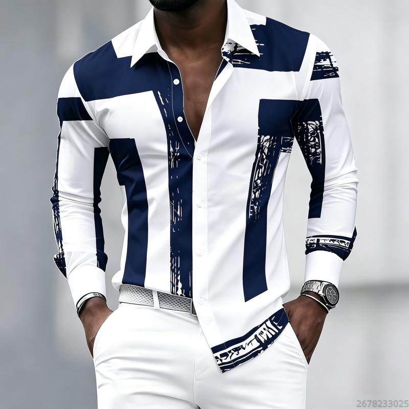 Men's Black and White Geometric Coarse Stripe Printed Long Sleeved Lapel Shirt, Retro Slim Fit Shirt, Trendy Casual Men's Top